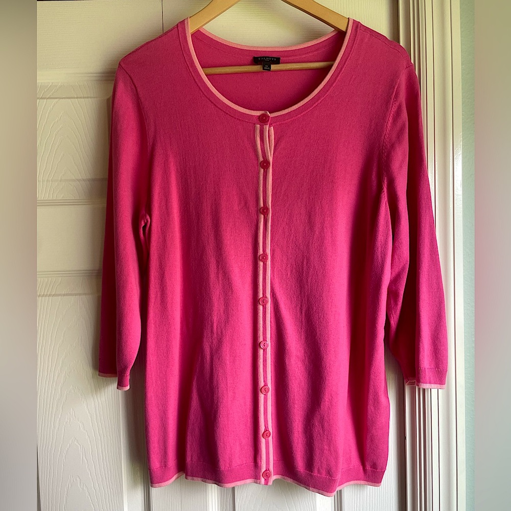 TALBOTS Charming Cardigan-Bi Color Tipped (Light pink trimmed, pink cardigan)